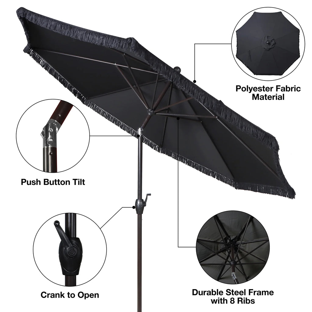 9' Cream Fringe Round Crank Patio Umbrella L5865