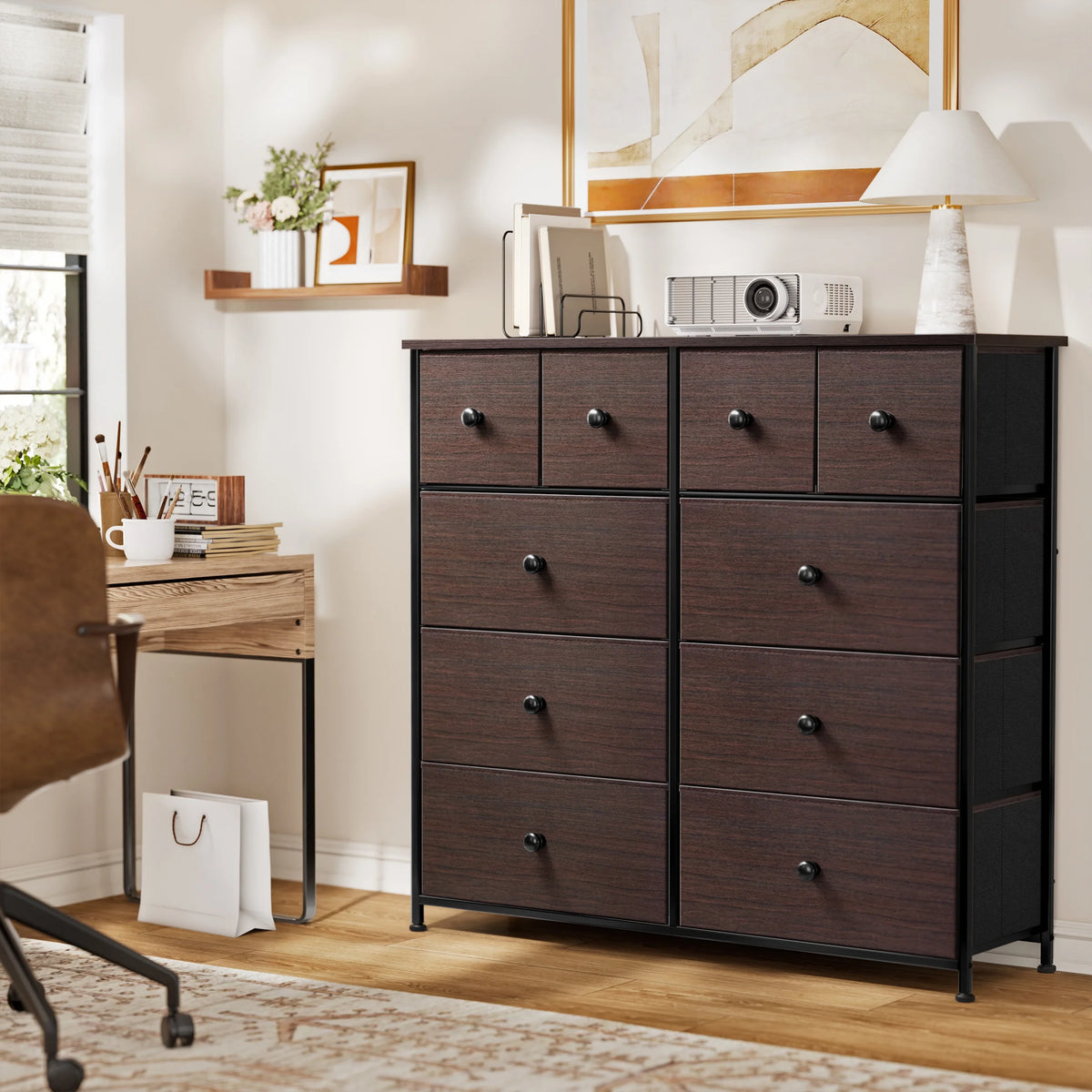 Dark Brown 10 Drawer Fabric Dresser V9065