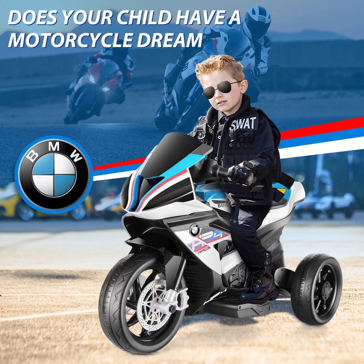 12V White 3 Wheels Kids Ride on Motorcycle D841778