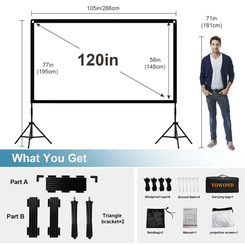 120inch 16:9 4K Wrinkle-Free Projector Screen with Stand and Carry Bag D90400