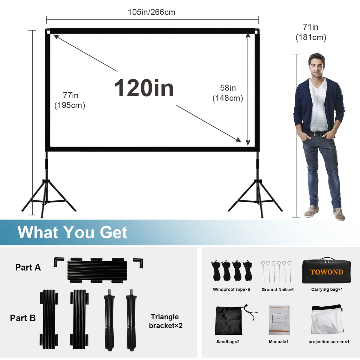 120inch 16:9 4K Wrinkle-Free Projector Screen with Stand and Carry Bag D90400