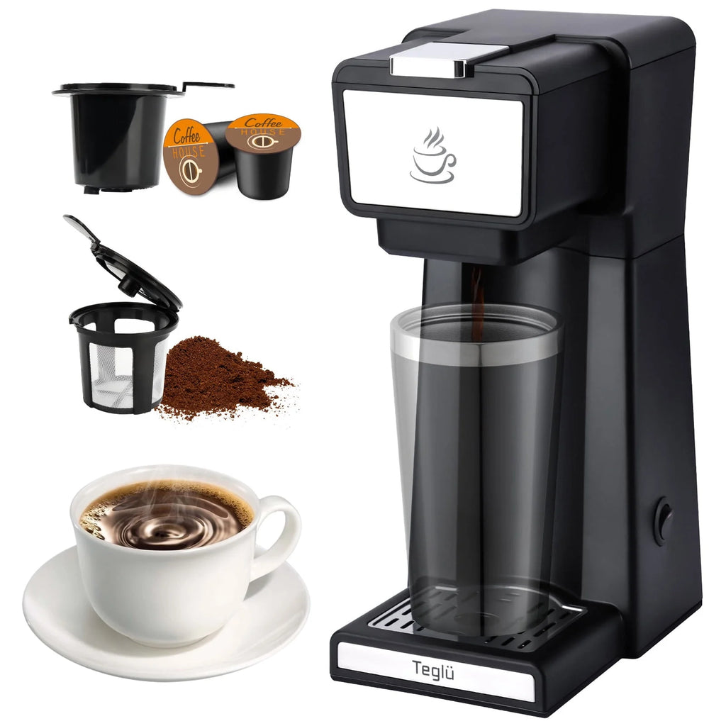 Slim Single Serve Coffee Maker 2 in 1, 14 Oz, Black L484