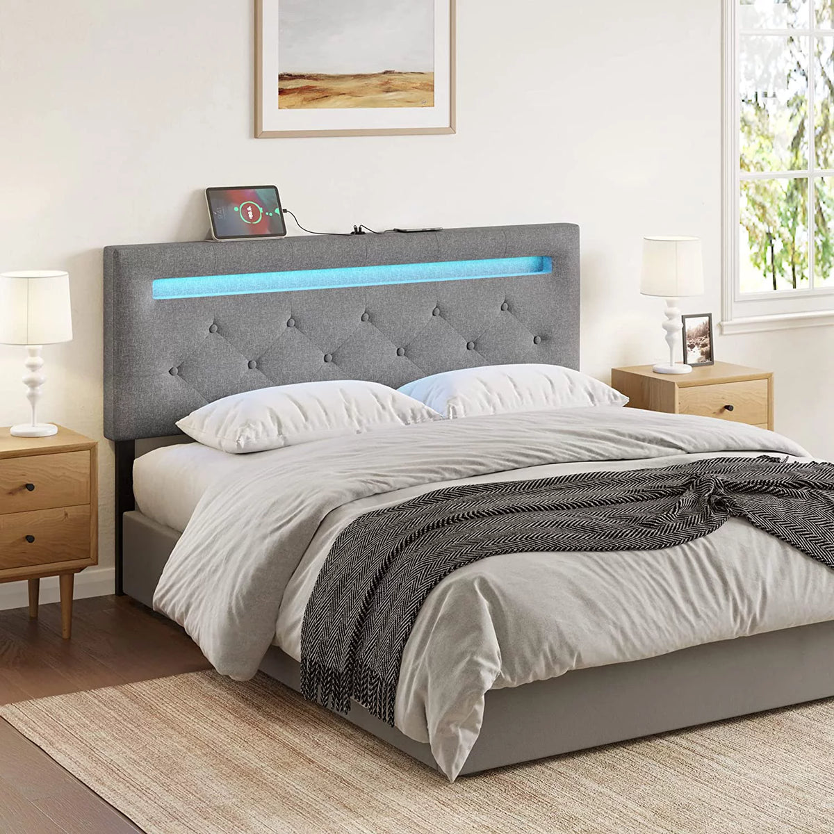 Queen Size Linen Fabric Upholstered Headboard with LED Light & USB H4171