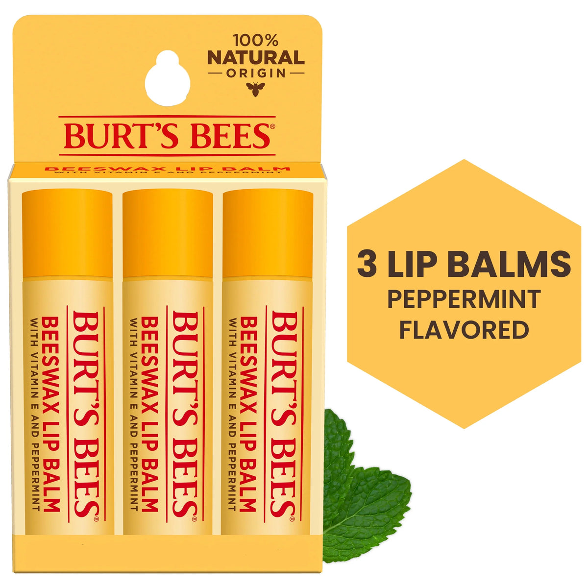 Moisturizing Lip Balm with Beeswax, Vitamin E & Peppermint Oil, 3 Count V27064