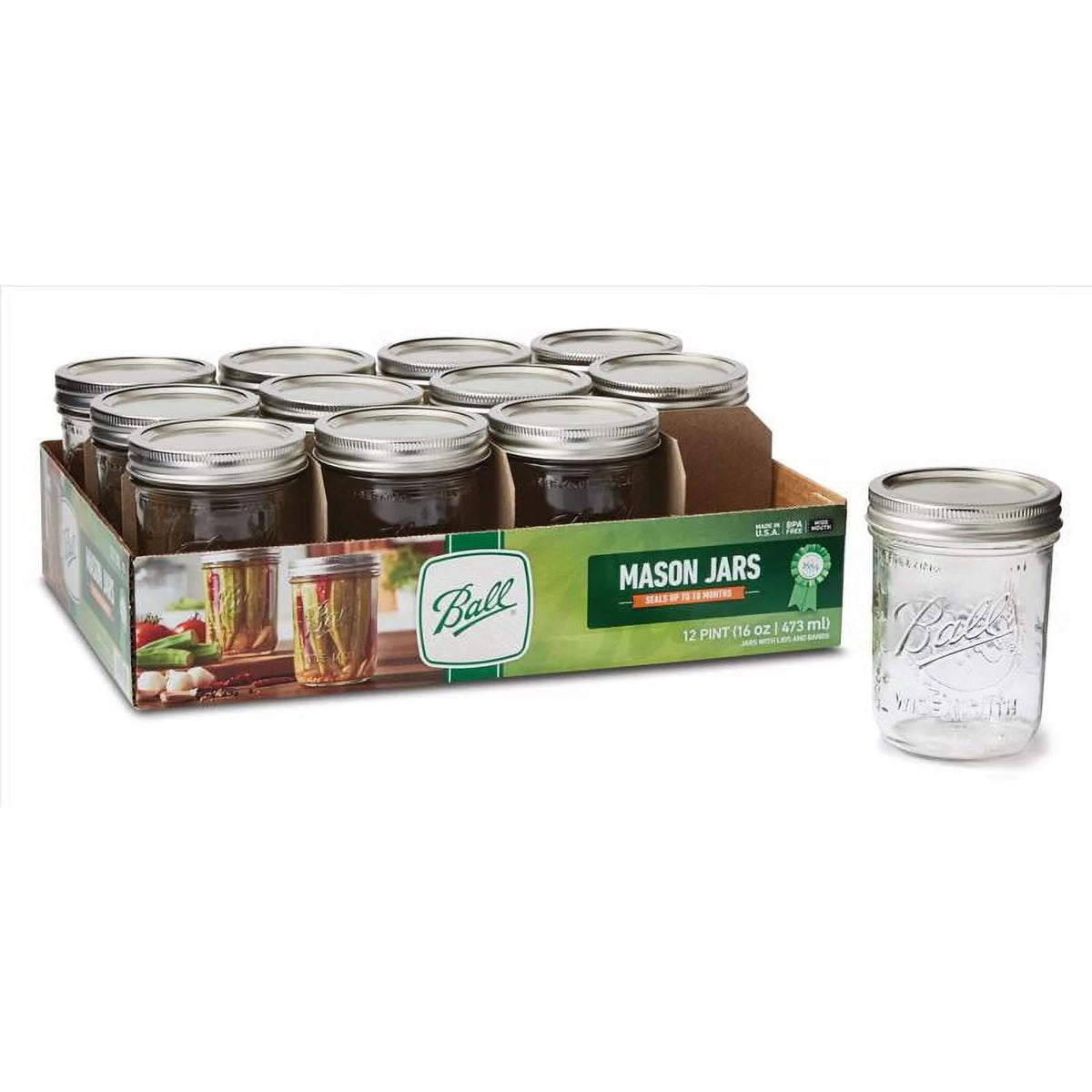 Glass Mason Jars with Lids & Bands, Wide Mouth, Clear, 16 oz, 12 Count G36876