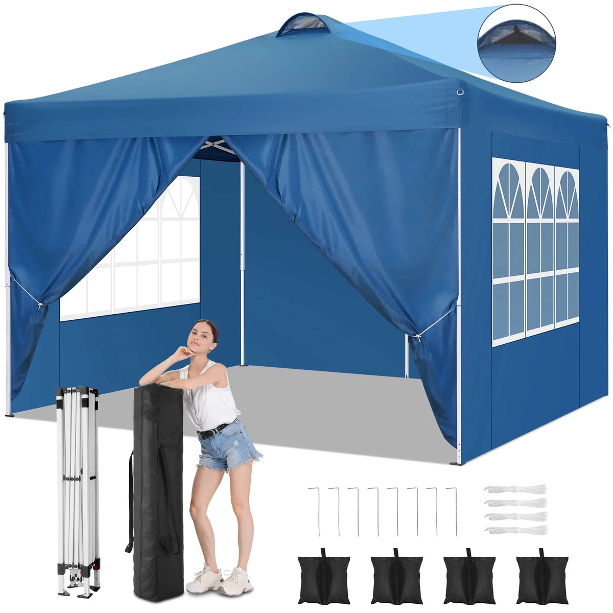 10'x10' Pop Up Canopy with Sidewalls and Sandbags D1405
